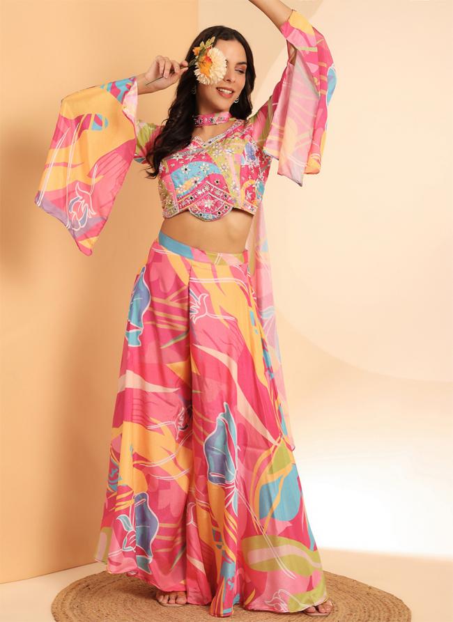 Silk Pink Party Wear Mirror Work Readymade Indo Western